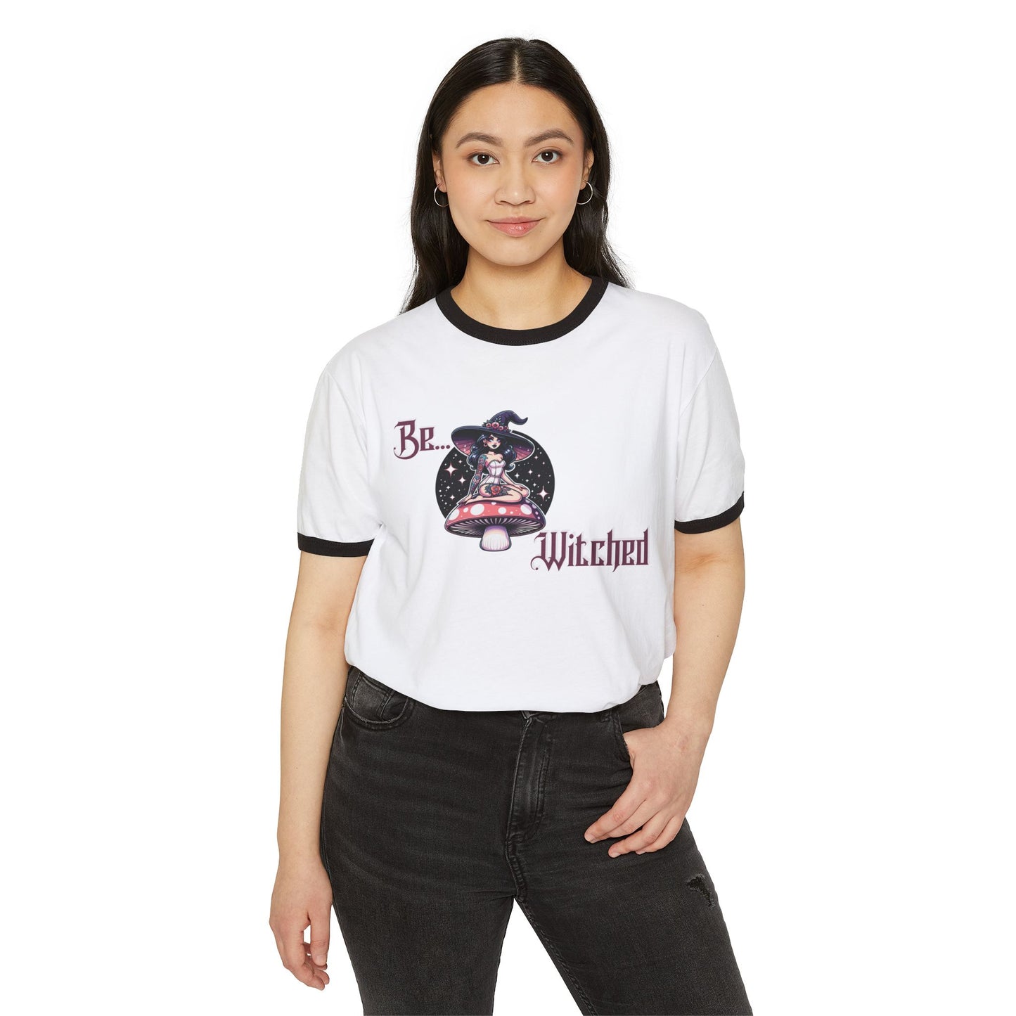Be Witched Ringer T-Shirt | Sexy Witch on Mushroom | Witchy Aesthetic Tee
