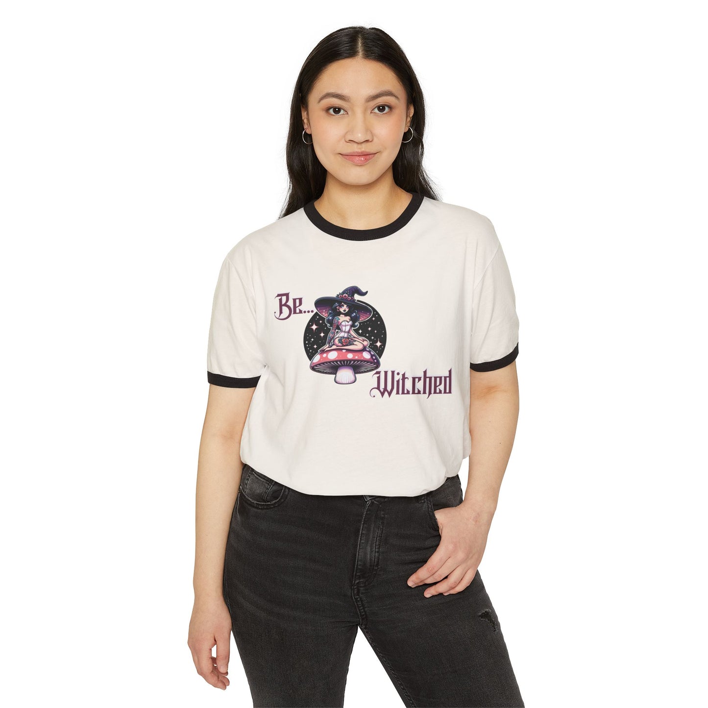 Be Witched Ringer T-Shirt | Sexy Witch on Mushroom | Witchy Aesthetic Tee